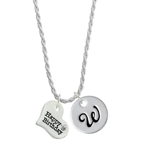 Delight Jewelry Silvertone Large Happy Birthday Heart Silvertone Script Initial Disc - W - Charm Necklace, 20"+3"
