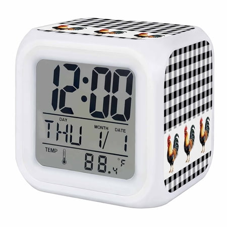 Alarm Clocks Rooster Digital Clock 7 Color LED Night Light Silent Non-Ticking Battery Operated Farm Animal Black Plaid Cube Clocks Decorative for Bedroom Bedside Living Room Office School Decor