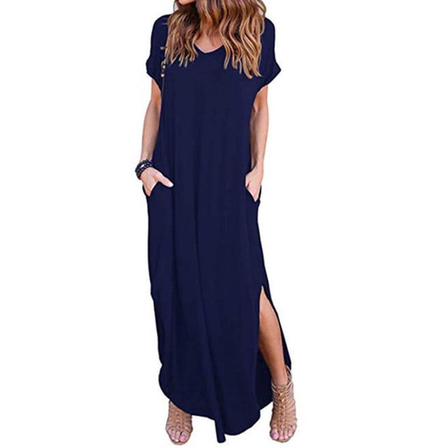 Sonducket Vestido de mujer con cuello en V Abertura Vestido largo Chica Ropa de manga corta Vestidos Azul oscuro XXL