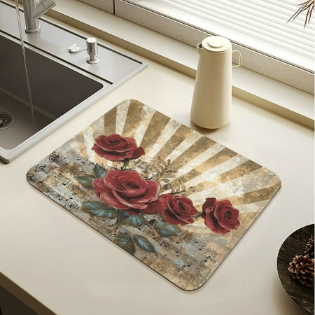 

Wobogo Notes Red Rose Dish Drying Mats Diatomaceous Earth Super Absorbent Non-slip Rubber Sole 15.7×11.8in