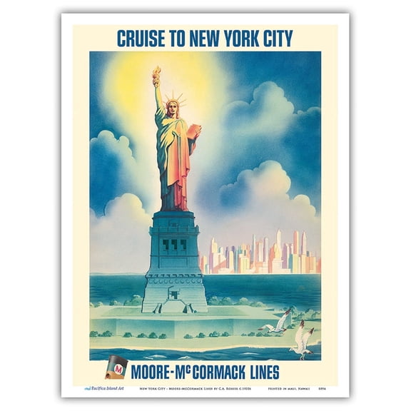 Cruise to New York City - Statue of Liberty - Moore-McCormack Lines - Vintage Ocean Liner Travel Poster by C. A. Rosser c.1950s - Master Art Print (Unframed) 9in x 12in