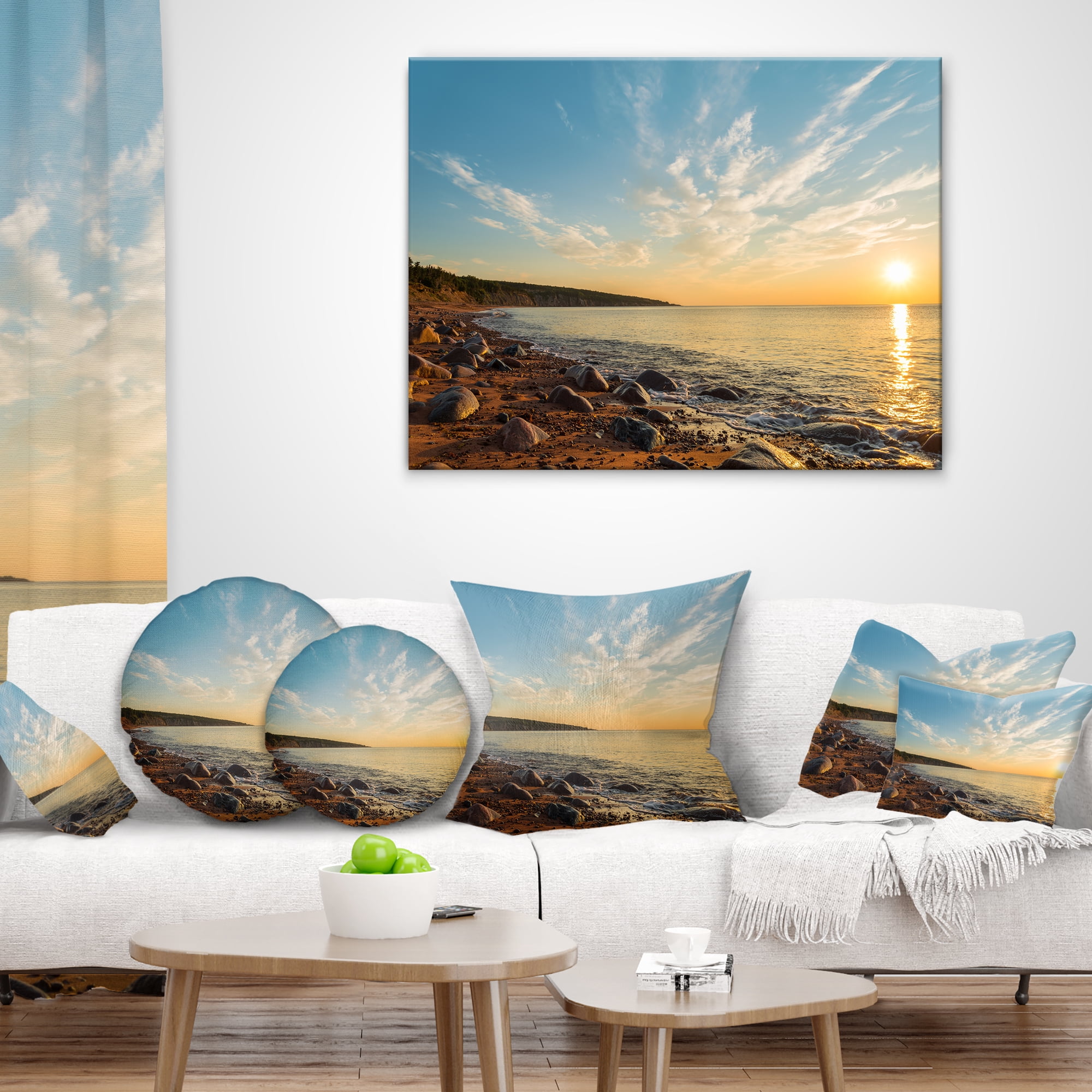 Designart Ocean Shore at Sunrise with Rocks - Modern Seascape Throw Pillow - 16x16