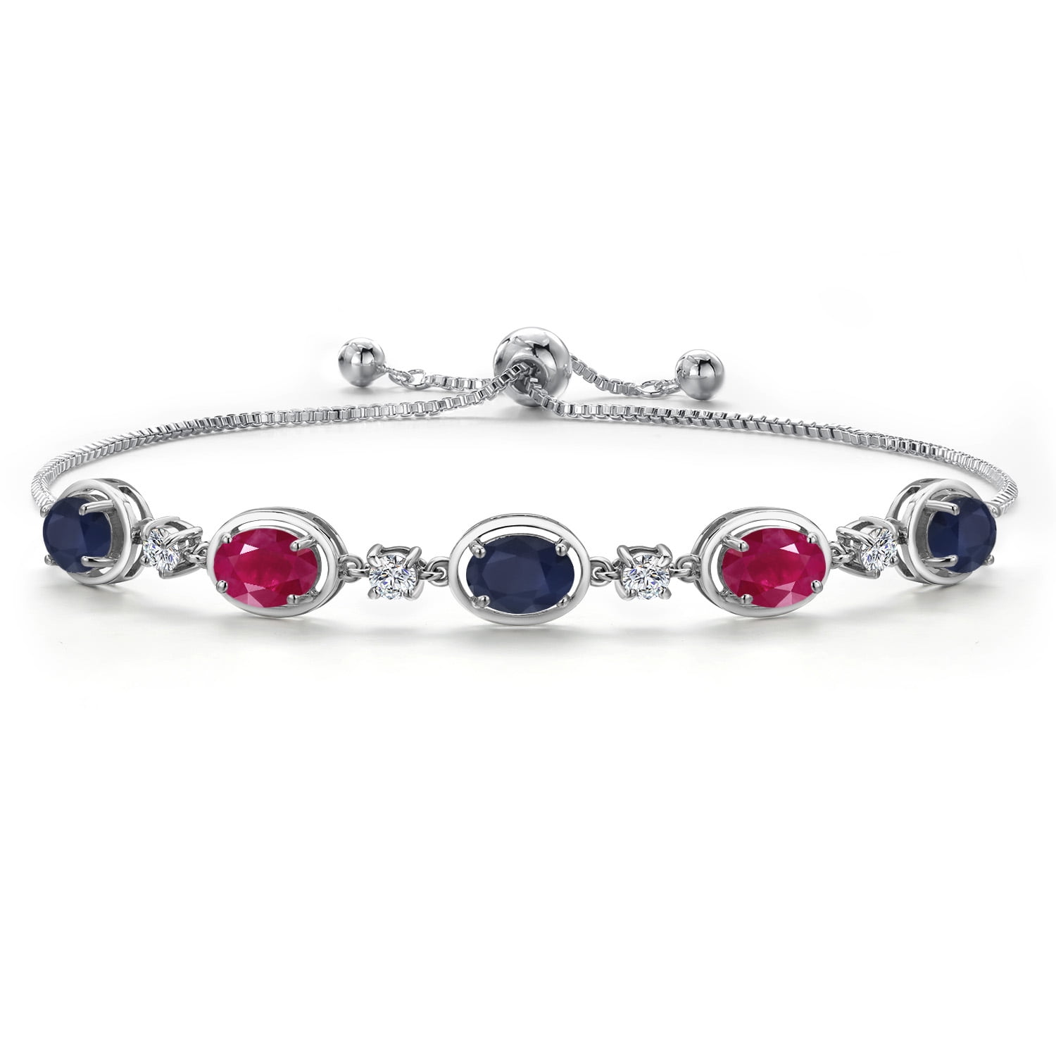 Gem Stone King 925 Sterling Silver Blue Sapphire and Red Ruby Bracelet for Women | 5.00 Cttw | Gemstone September Birthstone | Oval 7X5MM | Fully Adjustable 9 inch