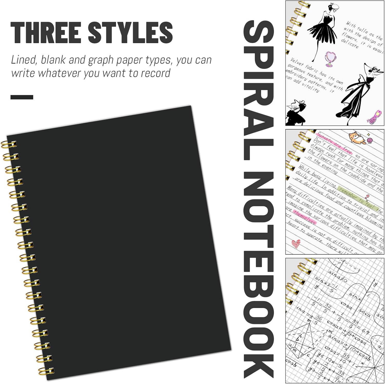4pc Black B5 Graph Spiral Notebook Set, 7.48" x 10.18" Grid Journal, 5mm x 5mm Square Paper 100GSM