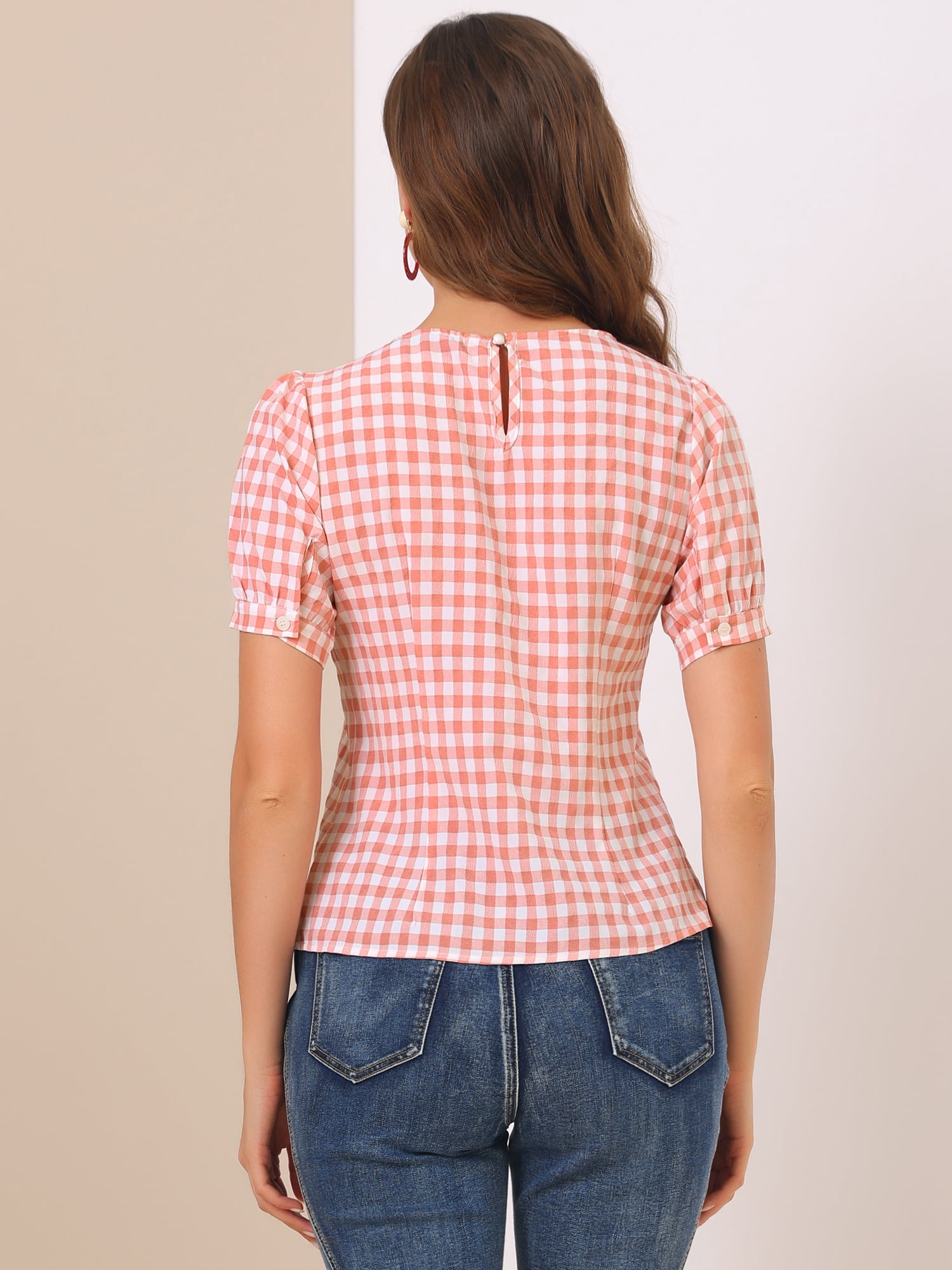 DARING DIVA Women's Gingham Crew Neck Puff Short Sleeve Blouses 3XL Watermelon Pink