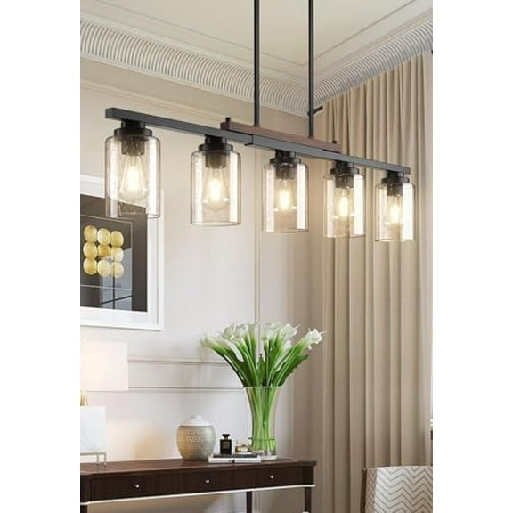 Amico Dining Room Light Fixture 5-Light Kitchen Island Lighting with Adjustable Rods, Farmhouse Decor Black Metal & Wood Chandelier with Seeded Glass Shade, Island Lights for Kitchen