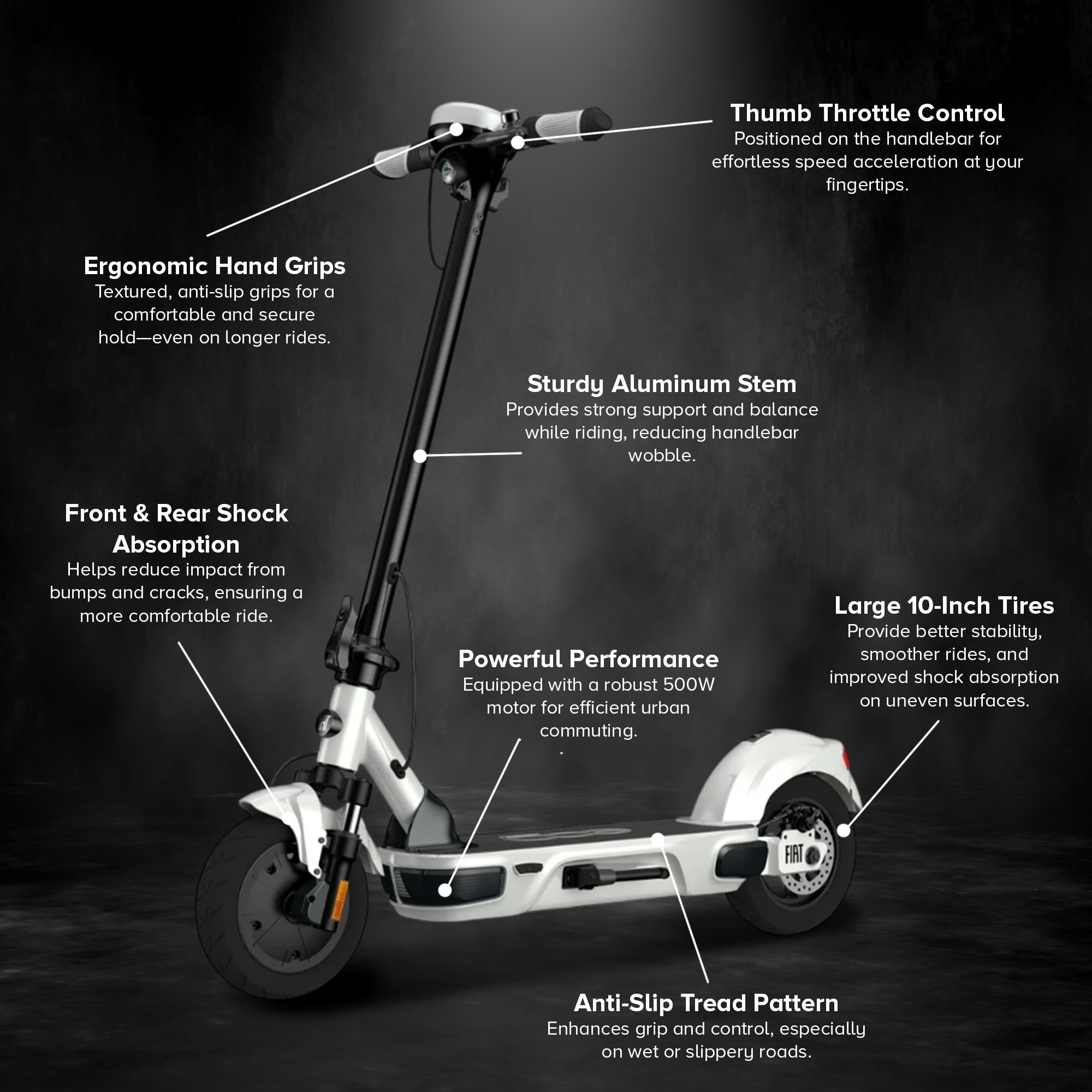 Fiat 500W Electric Scooter, Foldable Scooter for Adults with 10” Tubeless Tires, Chalk