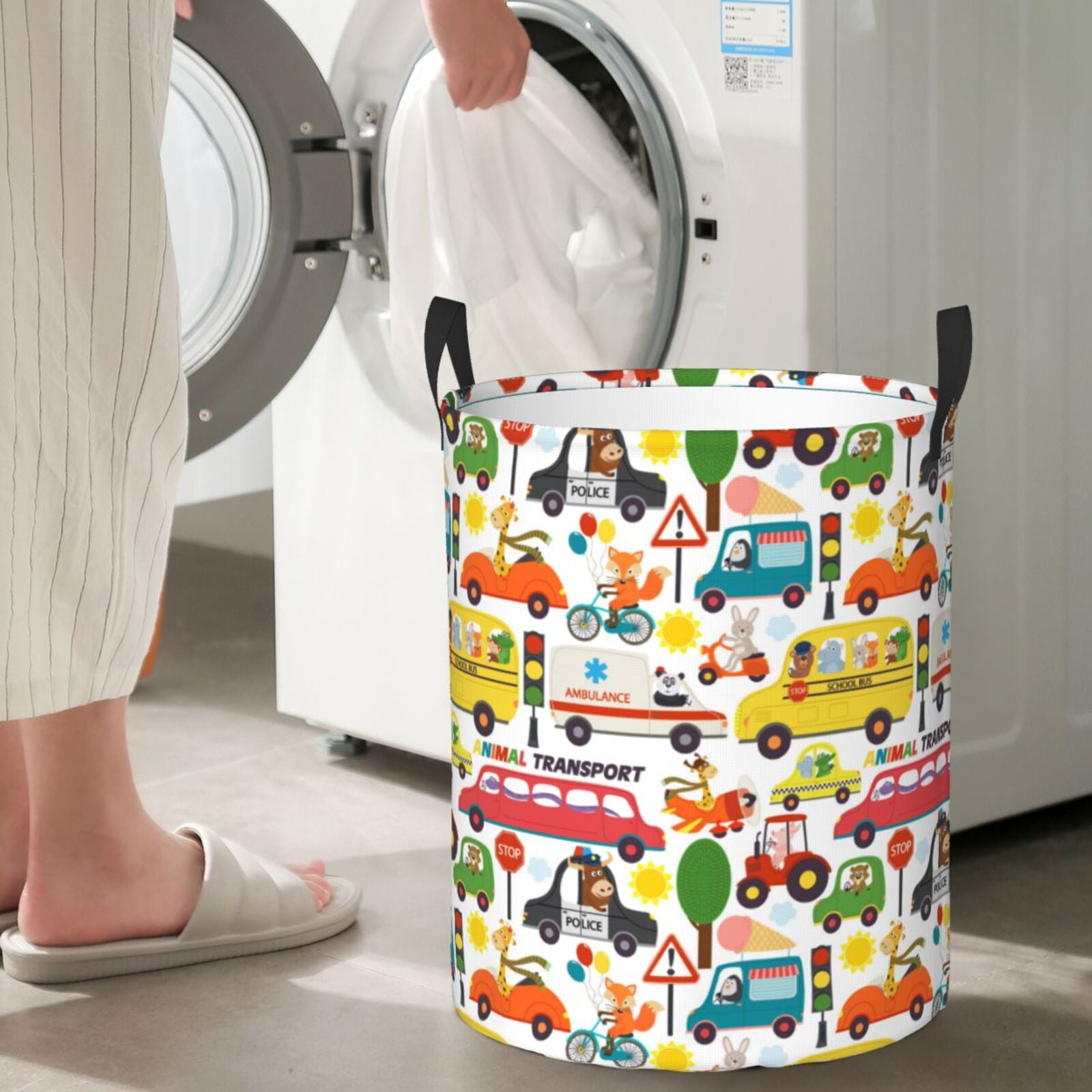 Large Laundry Basket with Handles - Transports with Animals Kids Baby Dirty Clothes Laundry Hamper for Bedroom Aesthetic