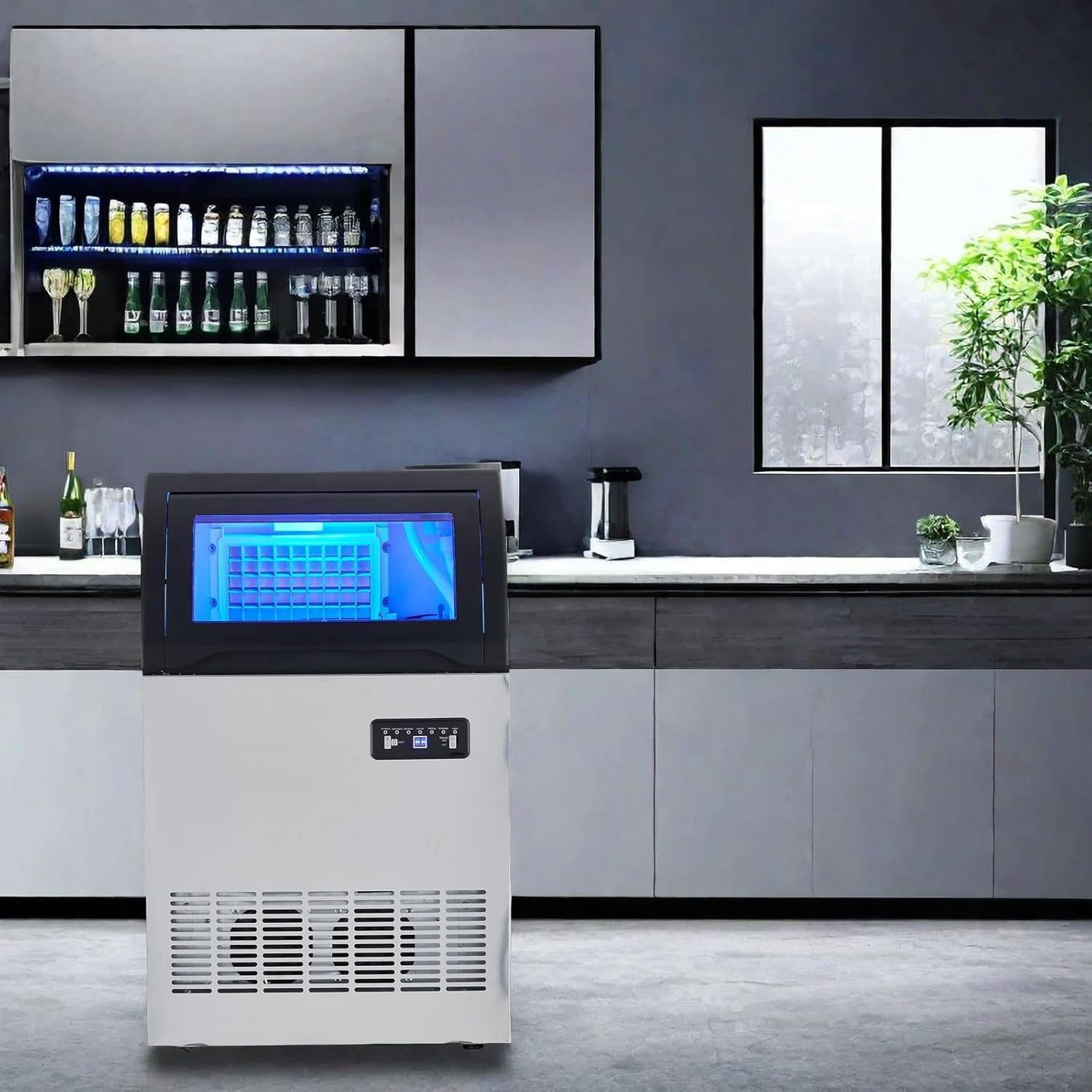 WildBreak Commercial Large Ice Maker 250W, 120 LBS/24H, 33 LBS Storage Bin, Silver & Black