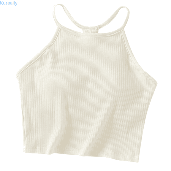 Kureaily Women's Solid Color Threaded Chest Pad With Exposed Navel Strap Hanging Neck With Cotton Bra Thin Shoulder Strap Cup And Cup Integrated Sports Top Summer Sleeveless Tanks