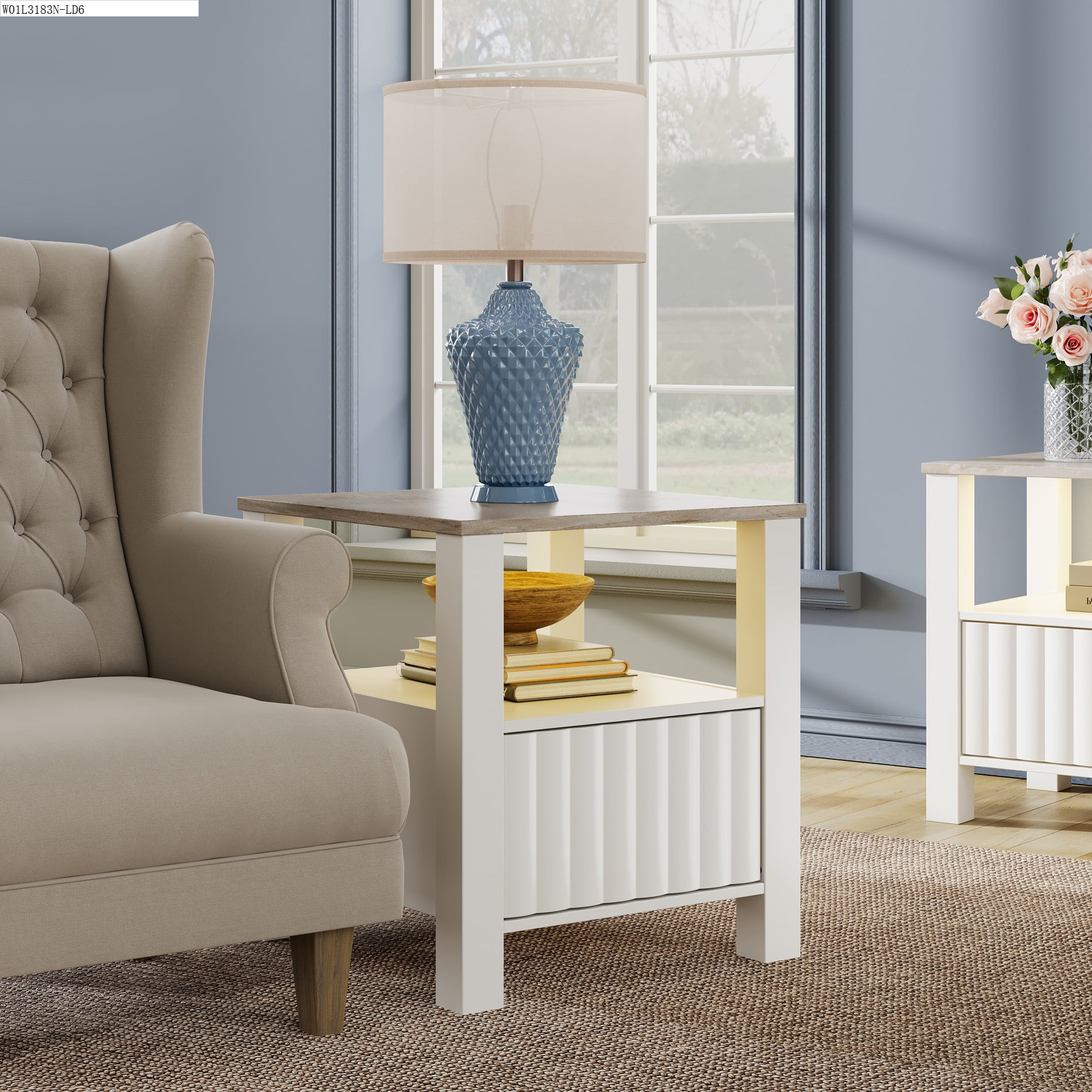 LED End Table with Door and Open Storage, White Modern Nightstands Side Table for Bedroom Living Room