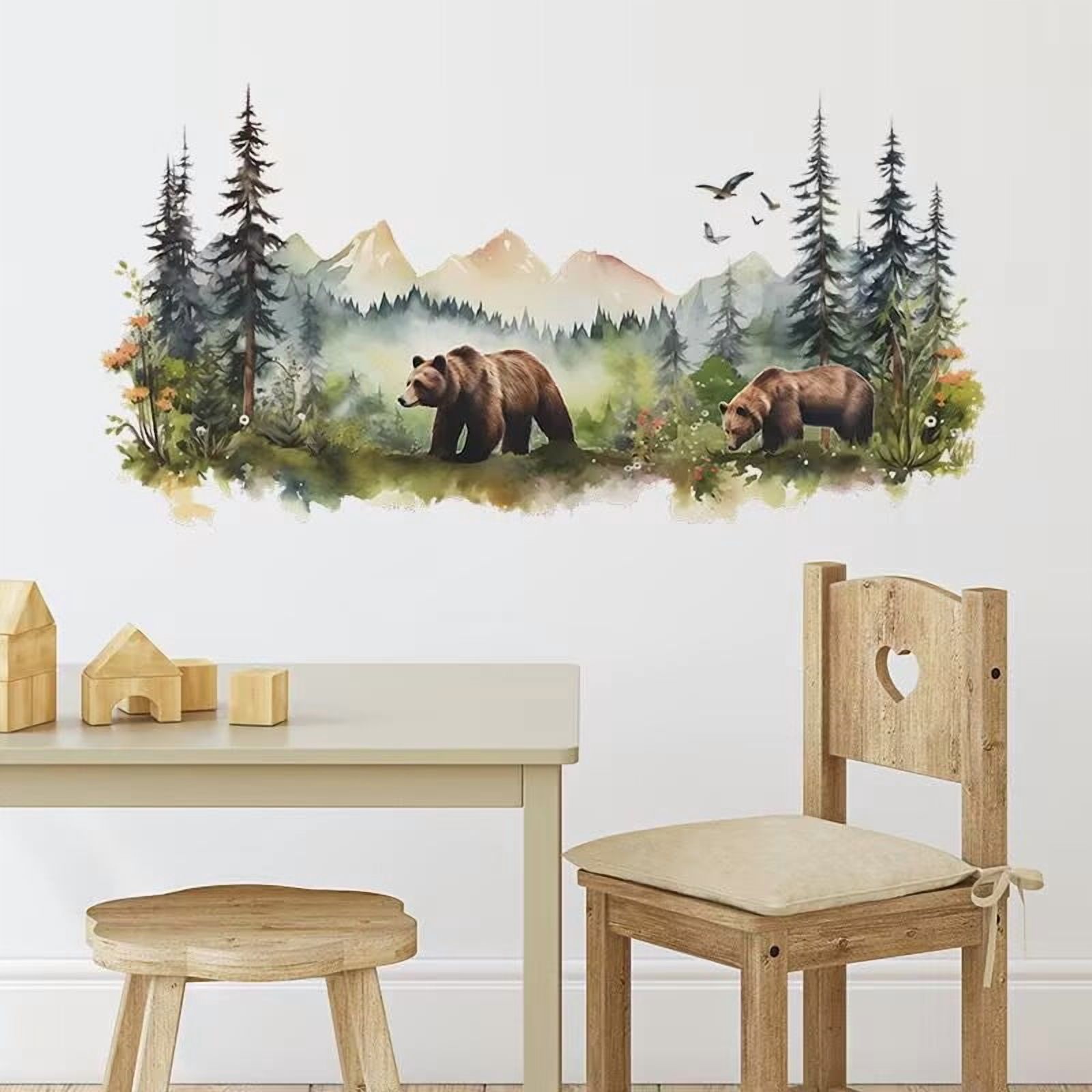 Large Jungle Animals Forest Tree Wall Decal - Peel and Stick Woodland Bear Fox Deer Stickers - Giant Mountain Art for Bedroom Nursery Room