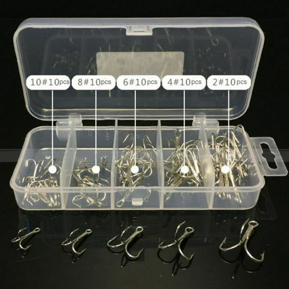 Opolski 50Pcs Mix Size Fishing Lure Hooks Sharpened Fishing Treble Hook Tackle Tool with Plastic Box for Freshwater Saltwater Fishing