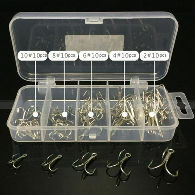 Flmtop 50Pcs Sharpened Fishing Treble Hooks Carbon Steel Fishing Tackles with Plastic Box