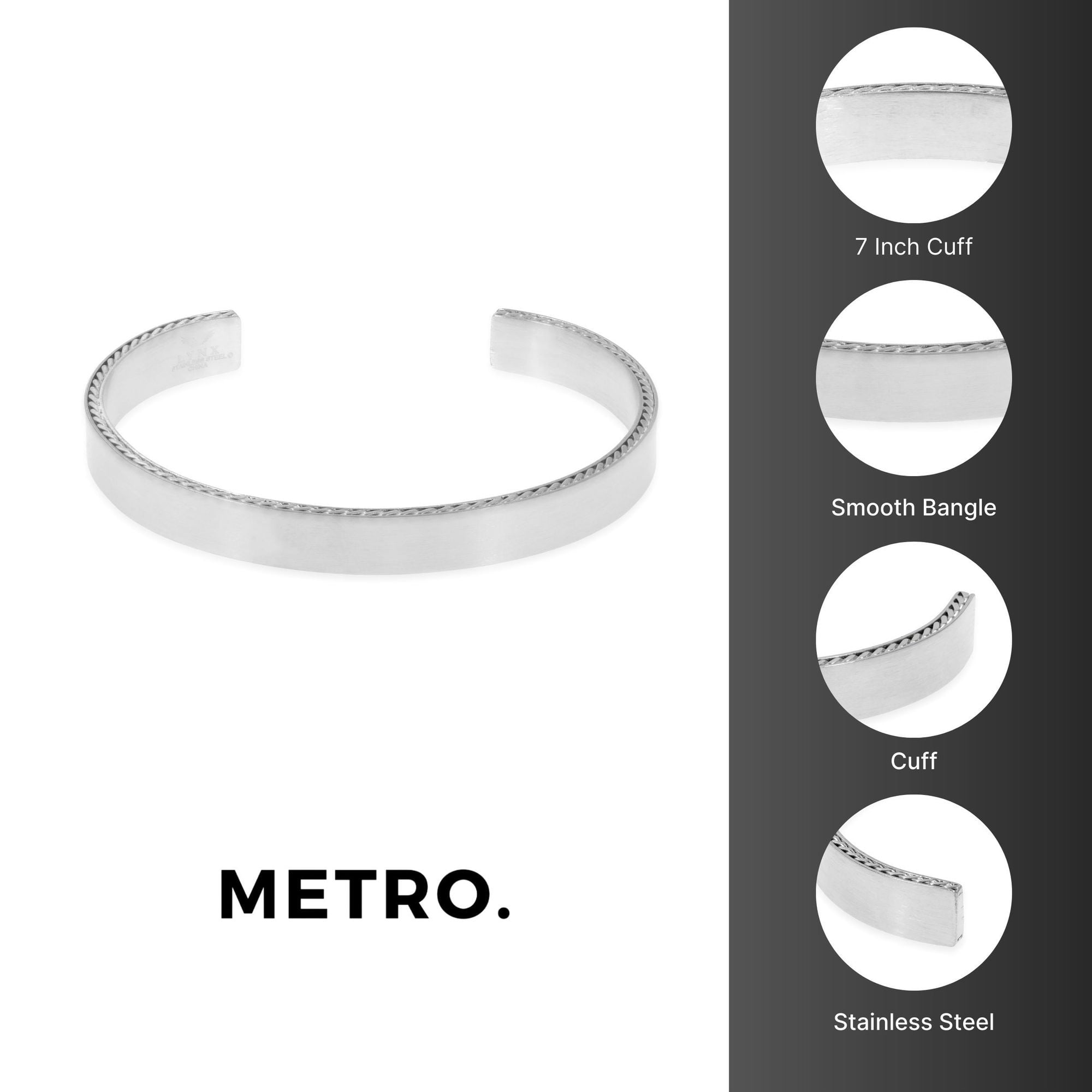 Metro Jewelry Smooth Cuff Bangle Bracelet for Men in Stainless Steel - 8.5 Inches Long