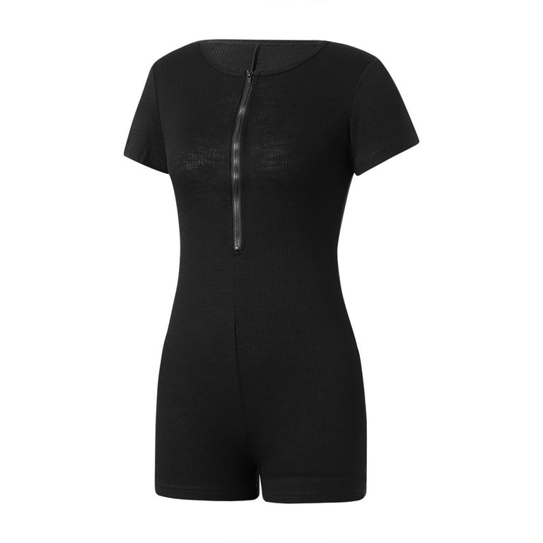 Womens Short Sleeve Jumpsuit Party Bodysuits Rompers Unitard Zip