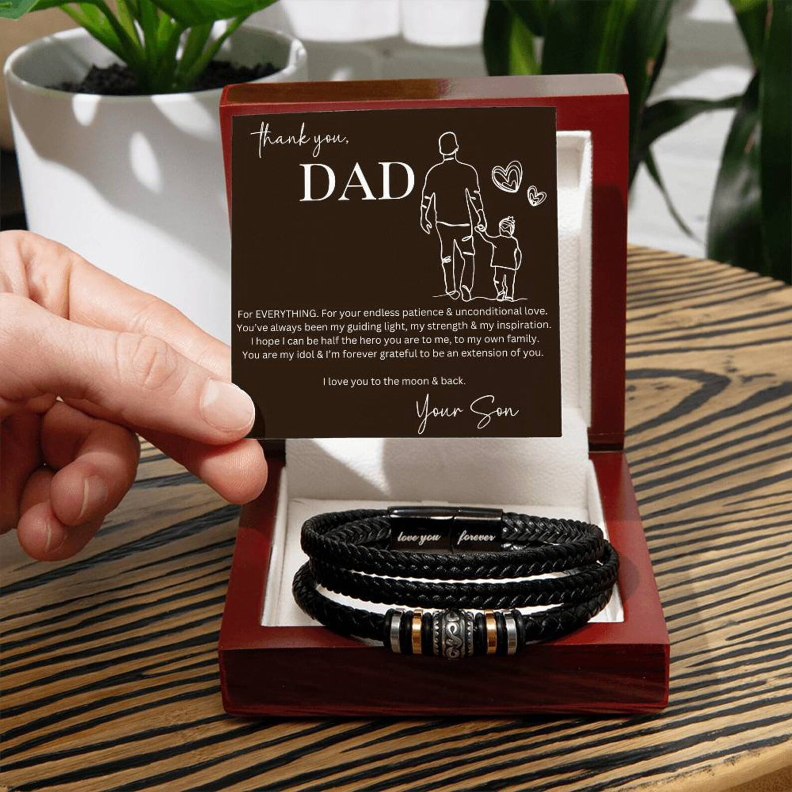 Thank You Dad Bracelet, Fathers Day Gift, I Love You Forever Bracelet, Personalized Jewelry For Dad From Son with Message Card and LED Box, Leather Bracelet for Men