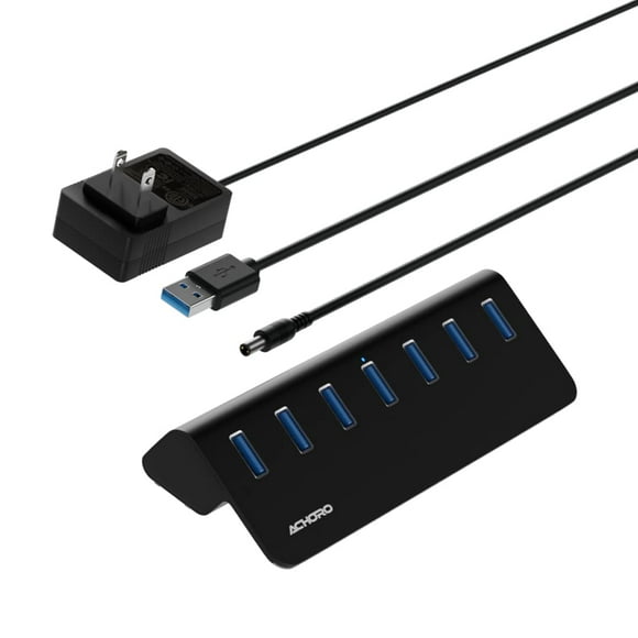 Achoro 7 Ports Powered USB HUB – 2nd Generation 10GB Super Speed External USB Port – USB 3.2 Aluminium USB Hub for Computer, Mac, PCs, Computer Multiple USB Hub (POWERED BLACK)