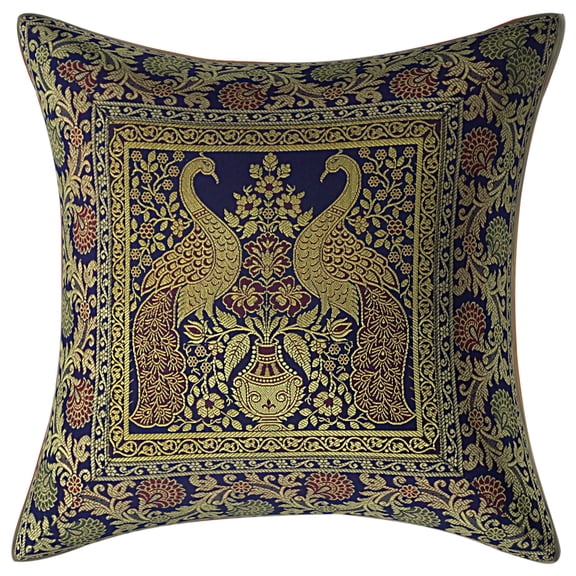 Stylo Culture Ethnic Couch Brocade Navy Blue And Gold Throw Pillow Covers 16x16 Jacquard Weave Banarsi Decorative Pillow Case Peacock Floral 40x40 cm Cushion Covers (1 Pc)
