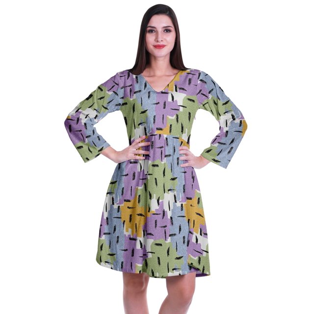 Moomaya Robe Courte Évasée Imprimée de Designer, Manches Longues, Tunique en Velours, Robes pour Femmes