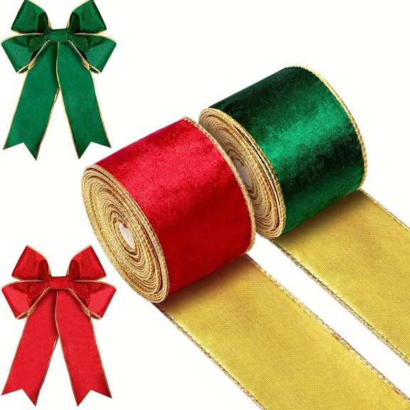 2 Pcs hristmas Velvet Ribbon 2.5 Inches Wired Gold Edges Trim Wrapping Double Side Ribbon for Xmas Bow Holiday Gift Wrapping(5 Yards,Red, Green)