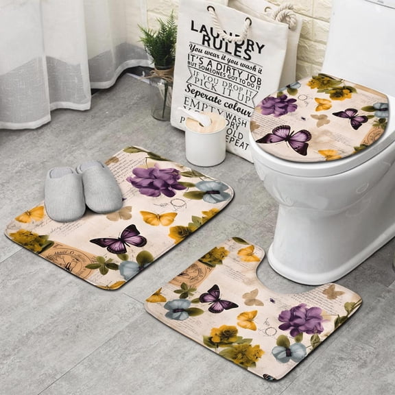 Vintage Butterfly Flower Pattern Bathroom Rugs Sets 3 Piece,Toilet Cover Set,Absorbent Non Slip Bathroom Mats Sets with U-Shaped Contour Rug Toilet Rug Set