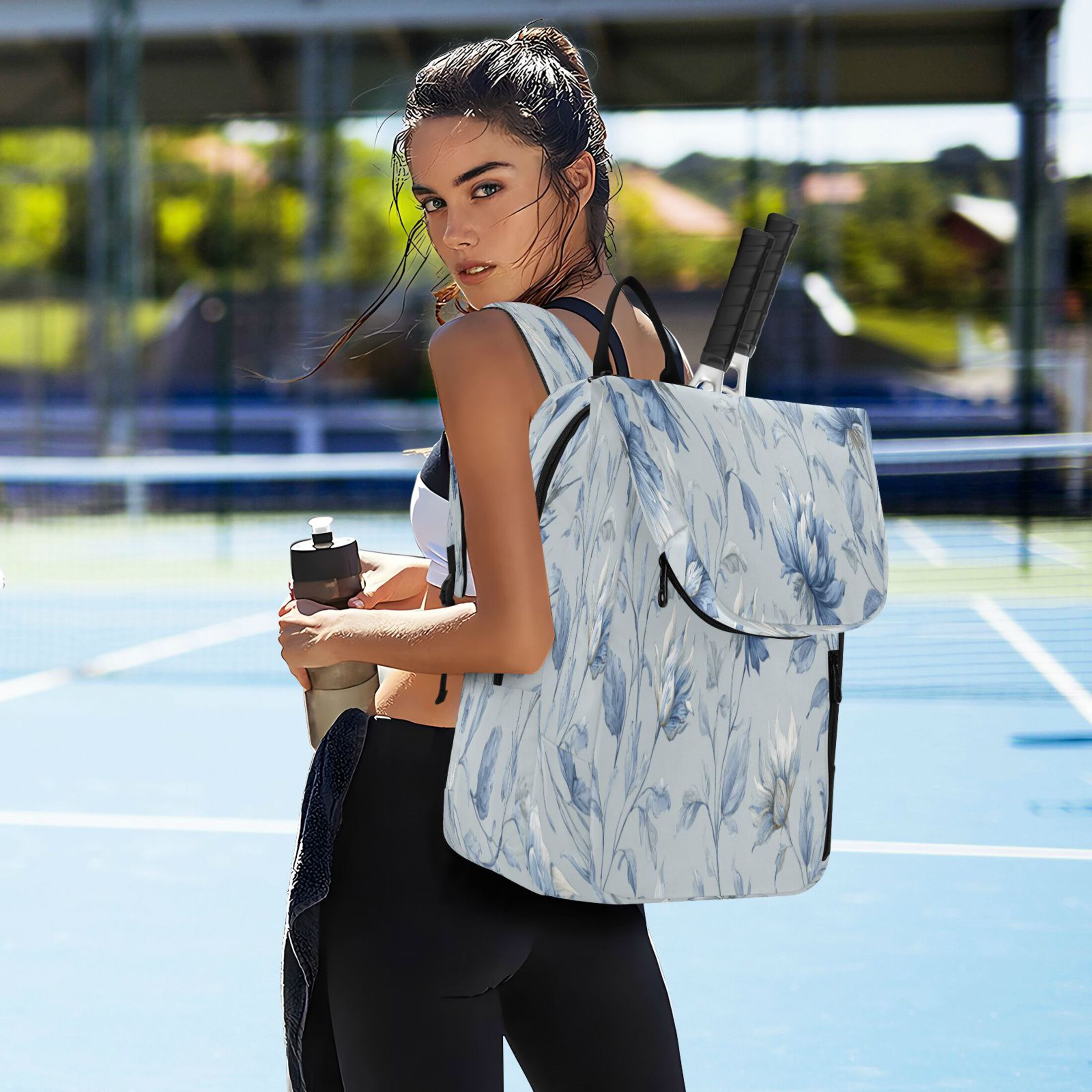 2 Racquet Holder Tennis Backpack Tennis Racket Covers Gym Bags Exquisite Blue Peony Design