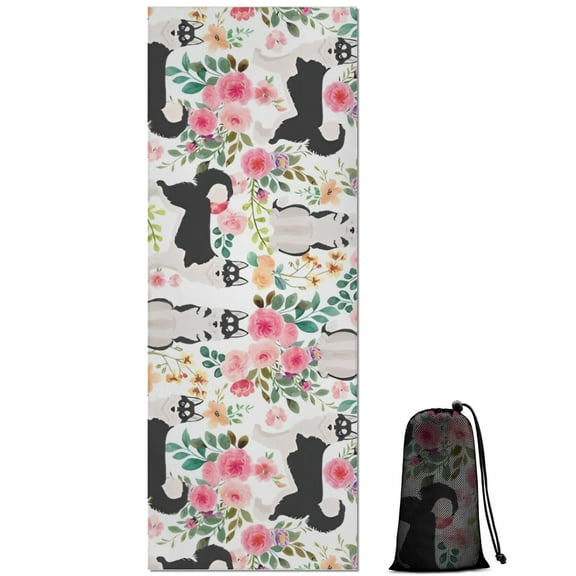 Husky Dog Flower Floral Hot Yoga Mat Towel Non Slip for Hot Yoga - Quick-Drying Yoga Mat Cover with 4 Corner Pockets with Travel Bag - Hot Yoga Towel Non Slip Grip Moisture Wicking Sweat 70"x26"