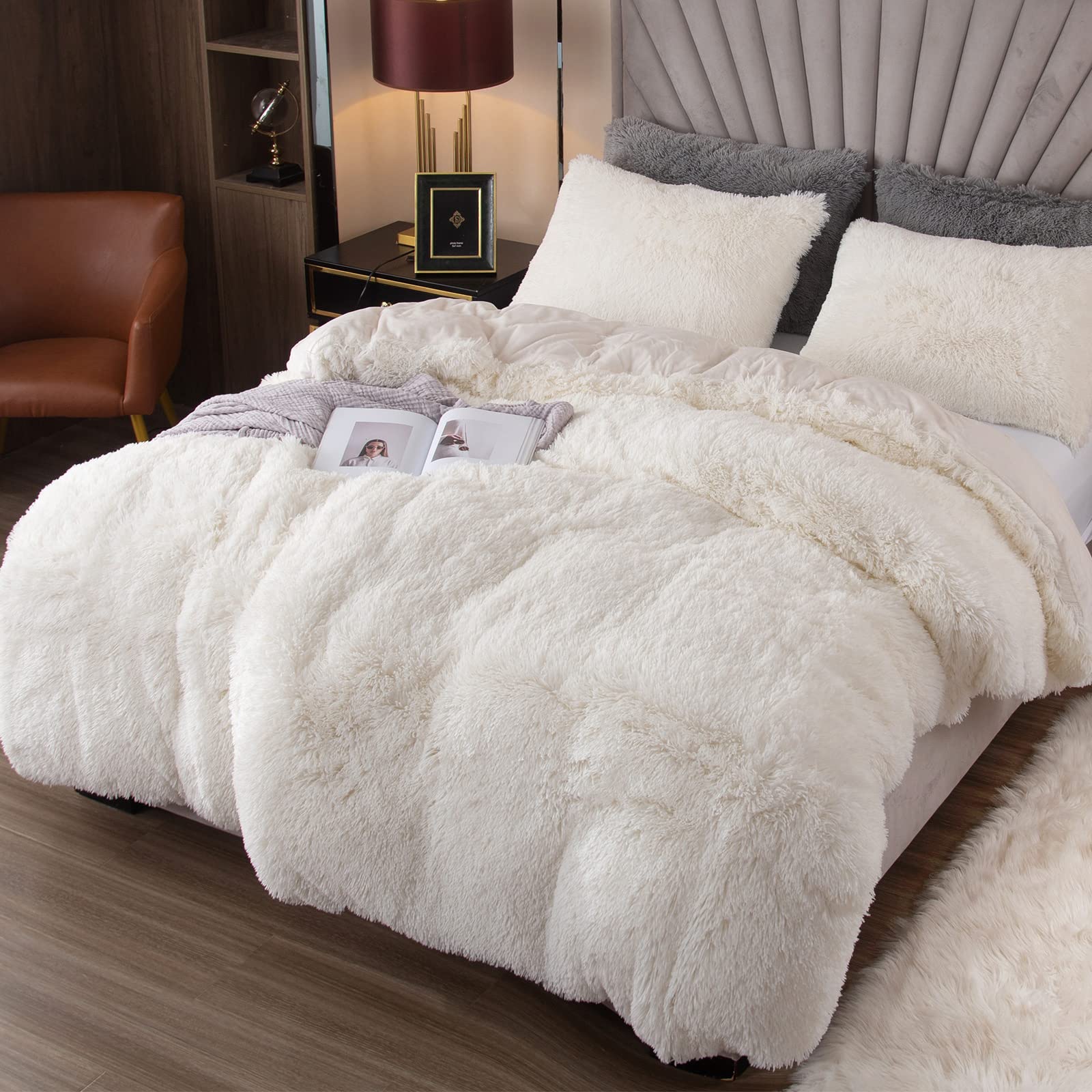 Plush Shaggy Fuzzy Duvet Cover Set White Cow Print Soft Crystal Velvet Twin Bedding Set (1 Faux Fur Duvet Cover + 1 Faux Fur Pillowcases)