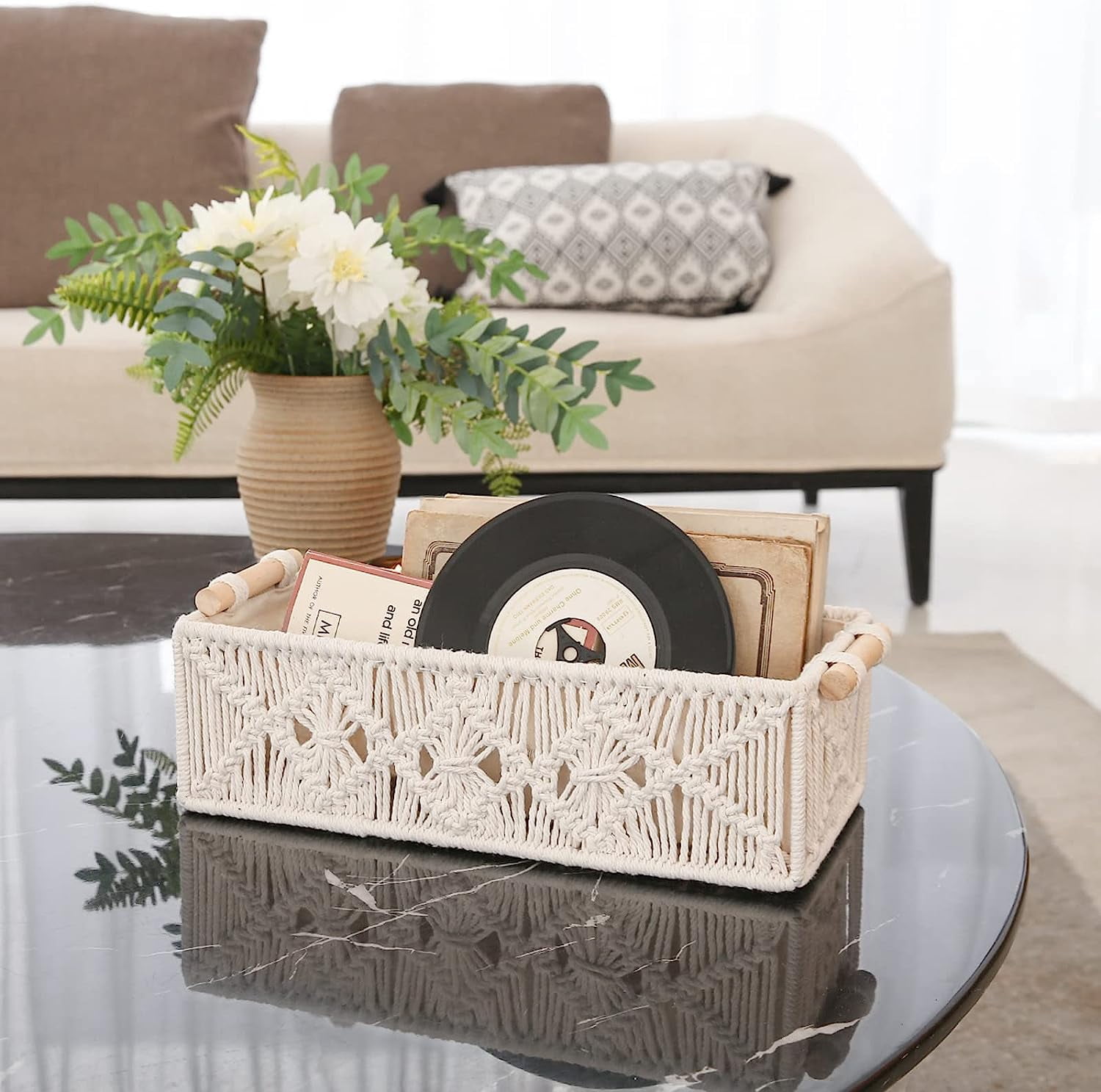 Kvago Macrame Storage Basket Boho Decor Bathroom Baskets for Organizing, Toilet Tank Basket for Bathroom Woven Decor Basket with Handle Bedroom Nursery Living Room Entryway (Beige)