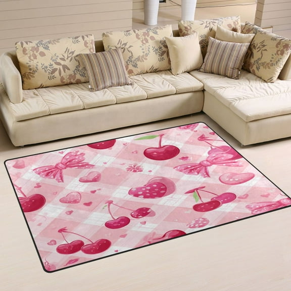 Non-Slip Area Rug 31"x20" Indoor Washable Floor Mats Carpet Printed for Living Room, Bedroom, Home Decor Cherry and Pink Bow Pattern