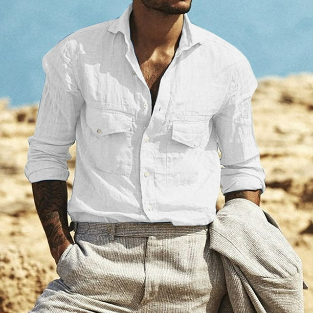 pstuiky camisas de manga larga para hombre, Camisa informal de moda para hombre, con cuello en V y mangas cortas, transpirable y con botones. top de hombre m