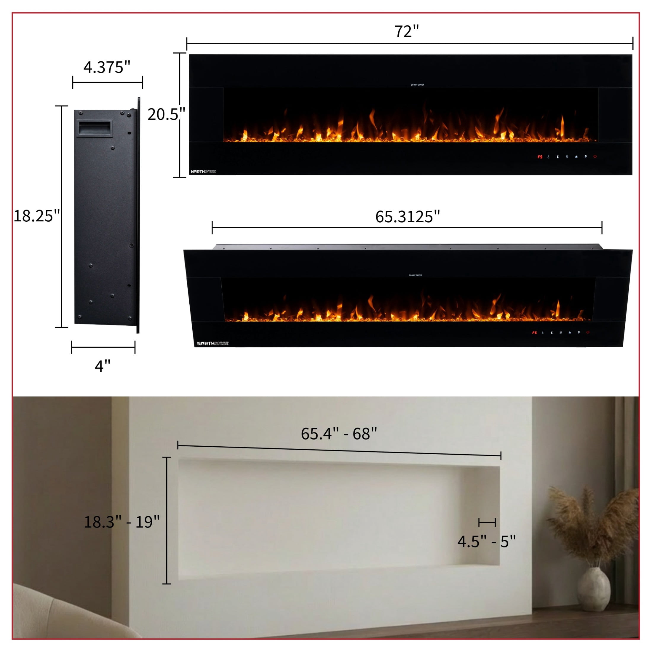 Northwest 72in Wall Mount Electric Fireplace with Bluetooth Speakers, Black