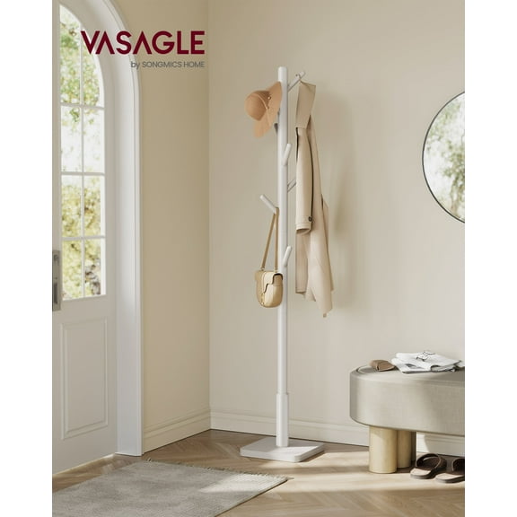 Freestanding Coat Rack with 8 Hooks, Adjustable Height Coat Tree for Coats, Hats and Bags, Tool-Free Assembly, Solid Wood Stand, Cappuccino Beige