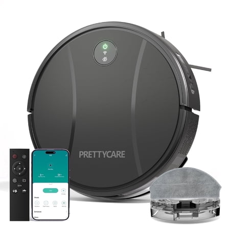 PrettyCare C2-v2 Robot Vacuum and Mop Combo Cleaner 3-in-1, 3000Pa Suction, 5200mAh Battery, Black