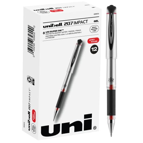 uni-ball® 207™ Impact™ Gel Pens, Bold Point, 1.0 mm, Red Gray Barrel, Red Ink, Pack Of 12