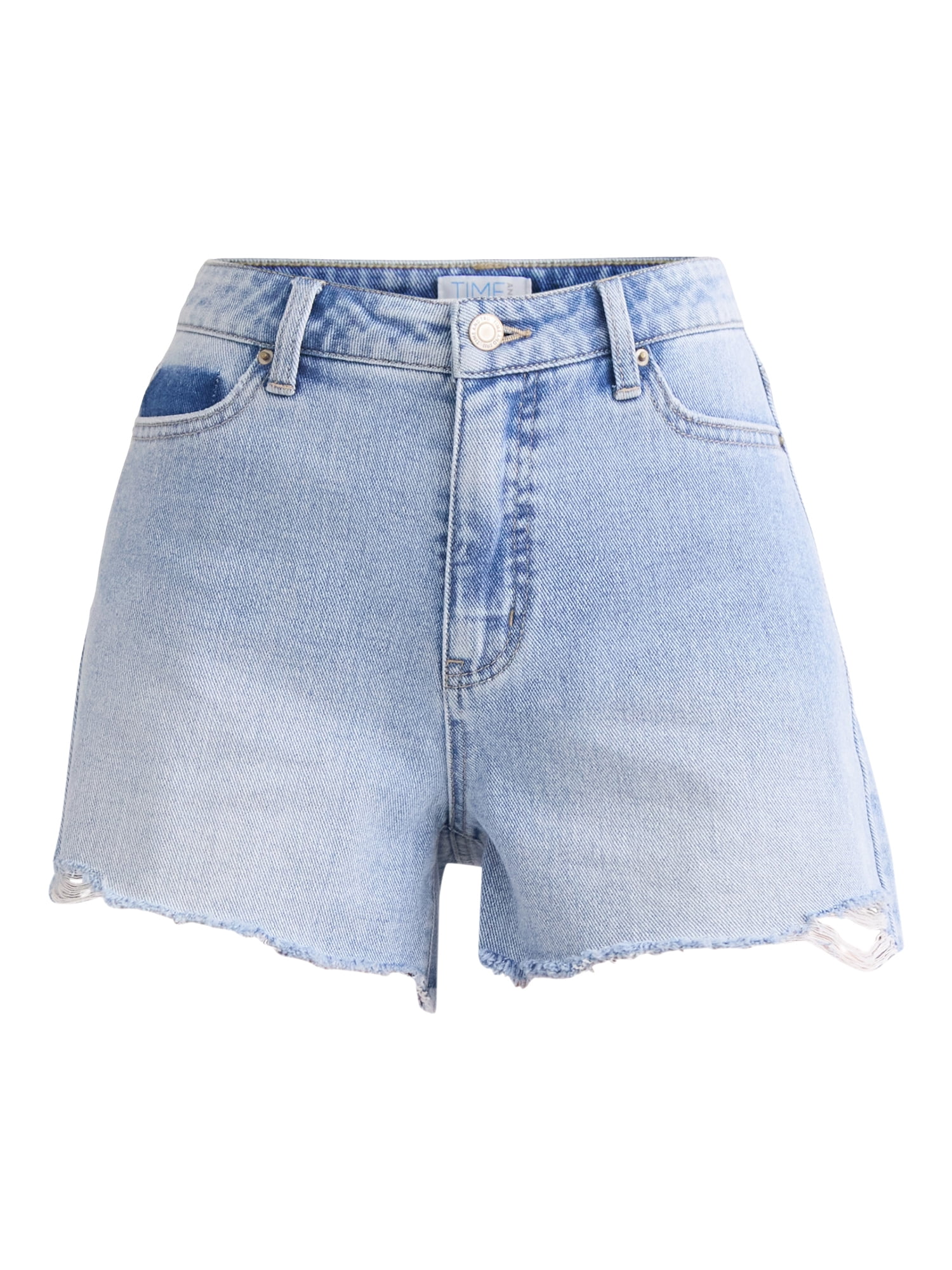 Time and Tru Women's Destructed Hem High Rise Denim Shorts, 4" Inseam, Sizes 0-20