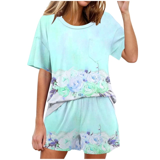 Conjunto de Pijama de las Mujeres de Moda Casual Color Sólido Casa Manga Corta Cuello Redondo Superior Y Pantalones, Ropa de Salón