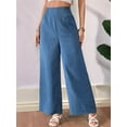 thumbnail image 6 of Women Linen Palazzo Pants Summer Boho Wide Leg High Waist Casual Lounge Pant Travel Vacation Outfits Denim Blue S, 6 of 9