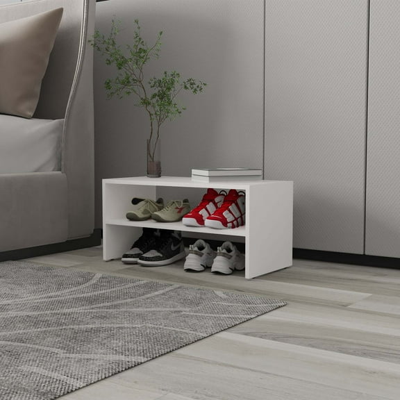 FM FURNITURE Shoe Rack 2 Open Shelves Low Horizontal Design White