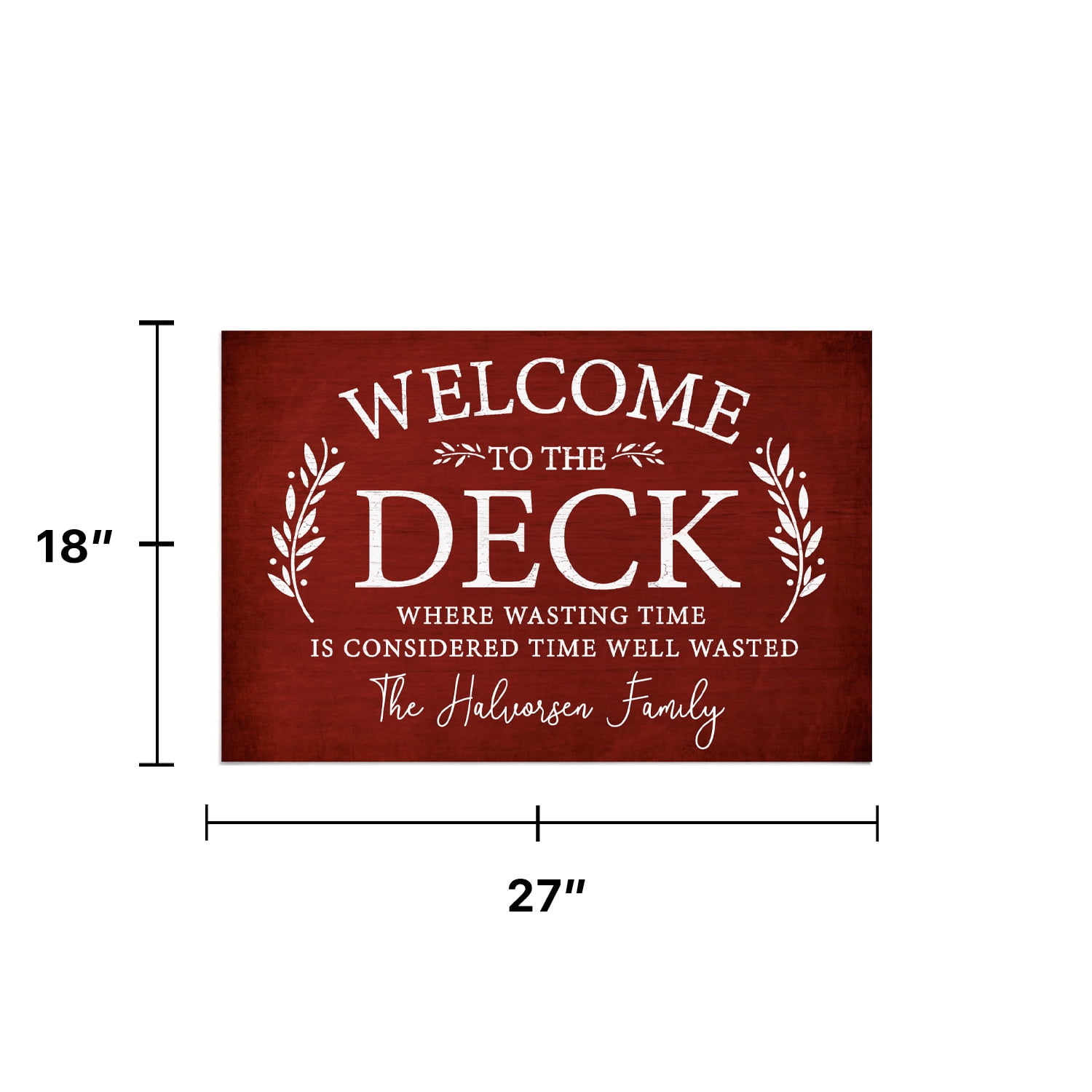 Personalized Planet 27x18 Welcome To The Deck Where Wasting Time is Considered Time Well Wasted Doormat with Custom Name Printed on Red Rectangular 1/8” Thick Non Slip Mat