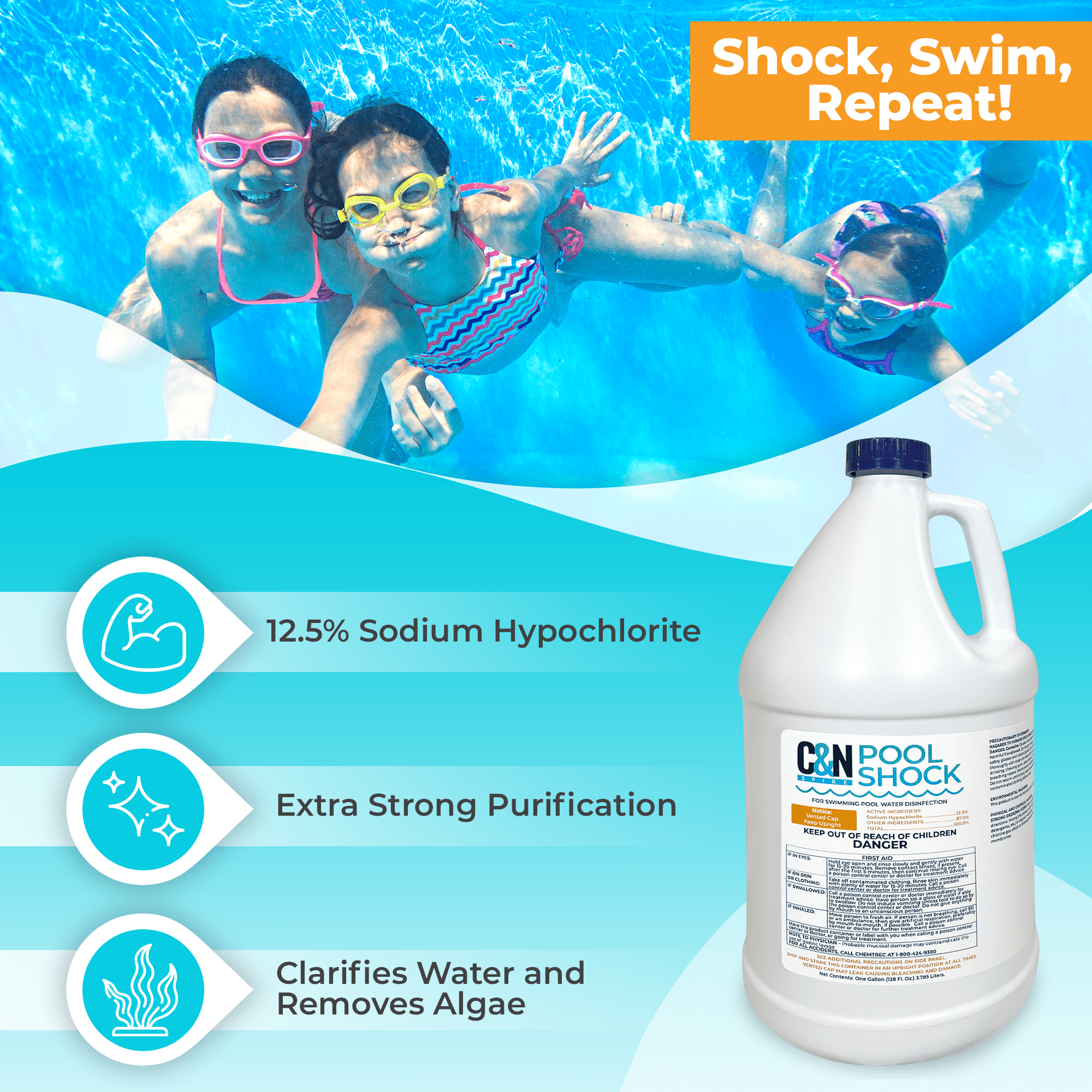 C&N Spire Liquid Pool Shock Pool Chemicals Sodium Hypochlorite 12.5 Percent, 4 Gal
