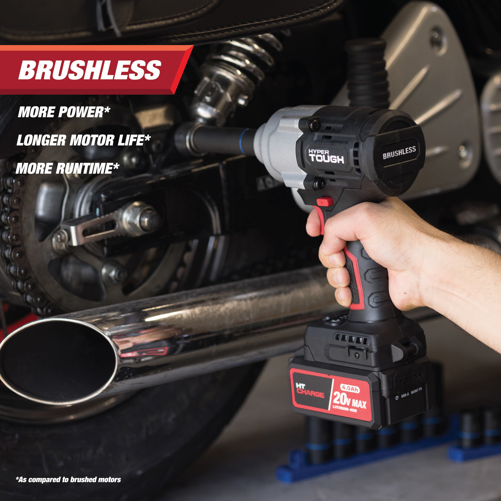 Llave de Impacto Inalámbrica de 1/2 Pulgada y Torque Medio sin Escobillas de 20V Max con Batería de Iones de Litio de 4.0Ah y Cargador Hyper Tough 7