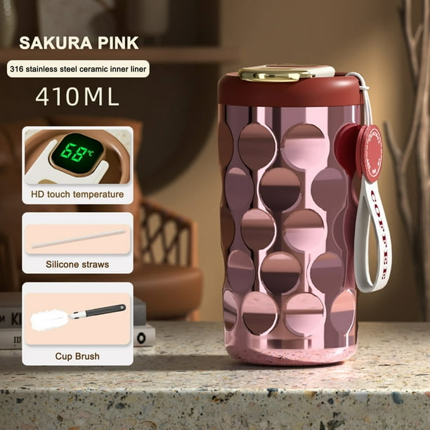 Taza de café aislada | 410ML Acero inoxidable e interior cerámico | Taza de viaje portátil a prueba de fugas | Térmica de doble pared | Visualización de temperatura | Fácil de limpiar | Vaso de