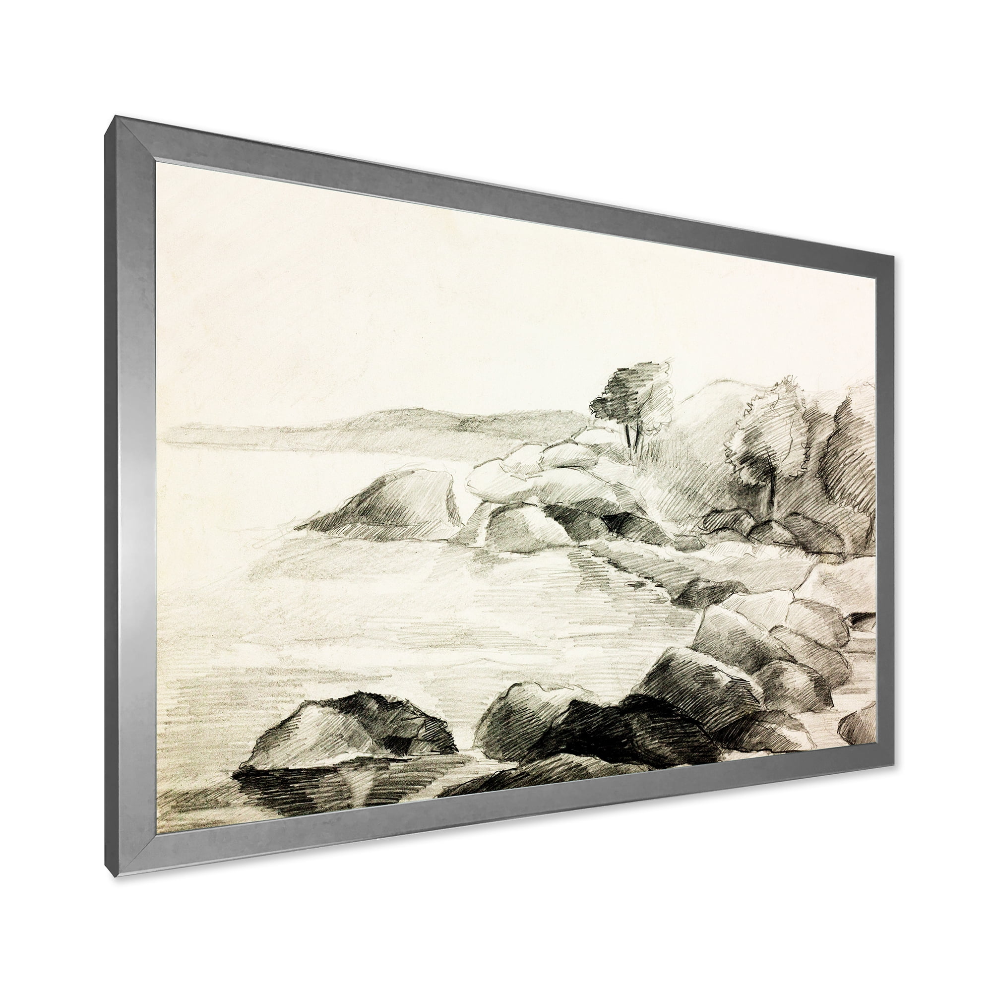Designart 'Black and White Lake Shore' Nautical & Coastal Framed Art Print