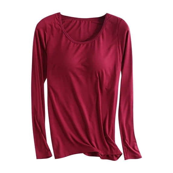 RKSTN Women's Pajamas Comfortable Lightweight Built-in Padded Bra Pajamas Solid Color Long Sleeve Crew Neck Versatile Sleepwear Casual Winter Loungewear Single Piece Top