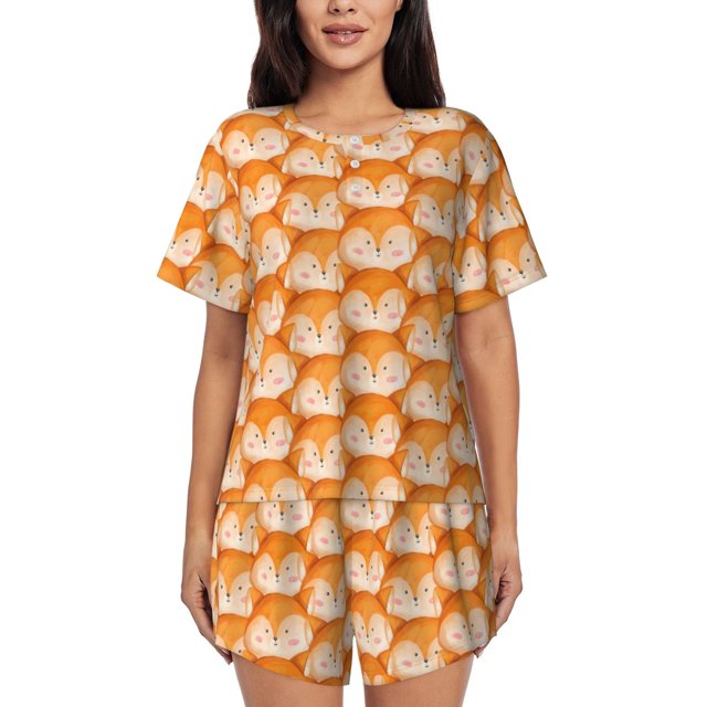 Fotbe Beautiful Fox A Conjunto de Pijama Estampado para Mujer, 2 Piezas, Ropa de Dormir con Camiseta de Manga Corta y Shorts Suaves-Small