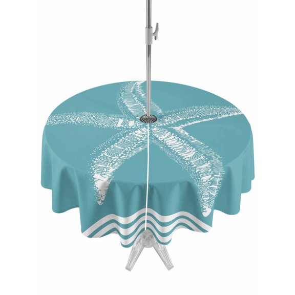 Outdoor Tablecloth with Umbrella Hole Zipper Turquoise Starfish Coastal Round Tablecloth 60" Waterproof Outside Table Cloth Nautical Seaside Farmhouse Striped Patio Table Cover Tablecloths for Picnic