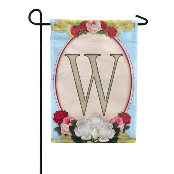 America Forever Spring Monogram Garden Flag Letter W 12.5 x 18 inches Double Sided Vertical Outdoor, Yard, Lawn, Beautiful Floral Design, White, Red, Pink Roses, Summer Flower Garden Flag