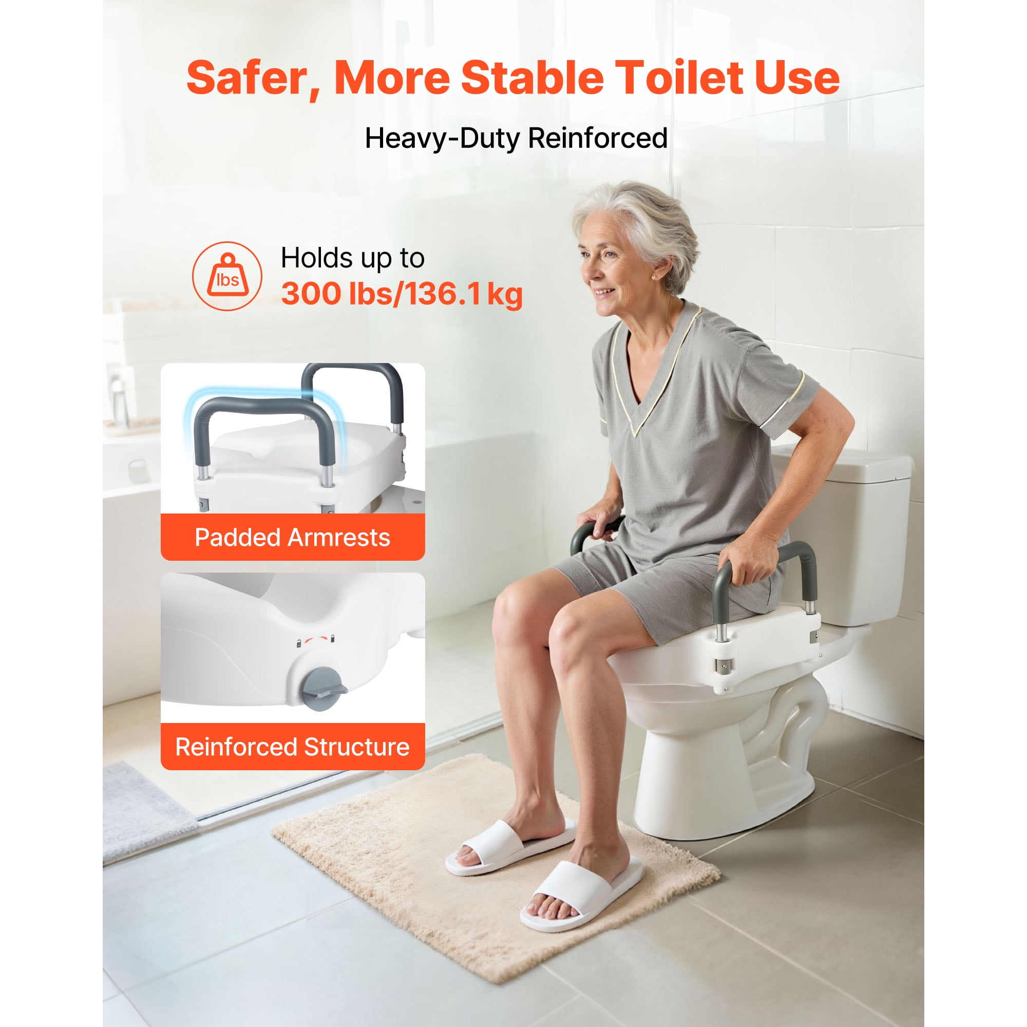 KFFKFF Raised Toilet Seat with Arms, 300 lbs Weight Support, 5-Inch Height Increase, Wide Elevated Commode Seat with Cushioned Handles for Seniors, Adults, and Individuals with Disabilities